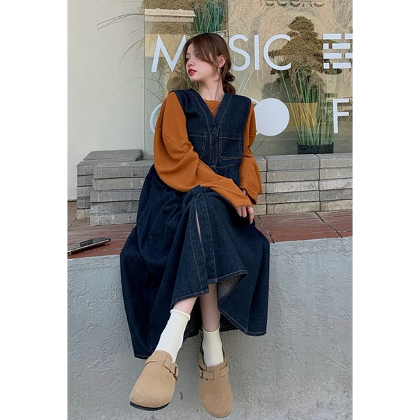 𝗺𝗶𝗲 𝘀𝘁𝘂𝗱𝗶𝗼 - Đầm xoè dài khoét tay cúc dọc cúc ngực chỉ nổi freesize