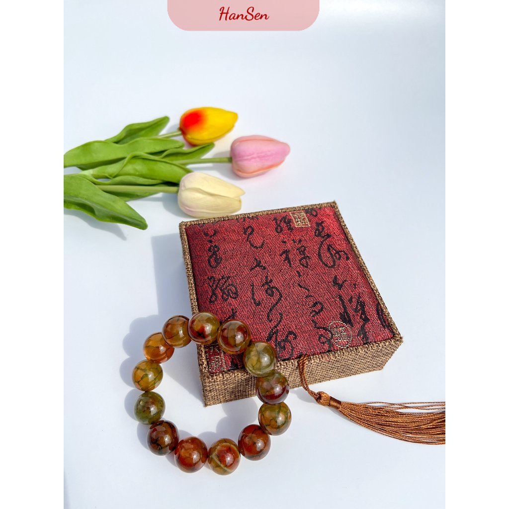 Vòng đeo tay Đá Vân Long xanh rạn cho nam nữ, mang phong cách phật giáo của HanSen Accessory