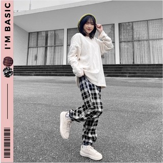 Quần Dài ống rộng Caro Cạp Chun Nữ I'M BASIC Girly, Chất Cotton phong cách Trẻ Trung Năng Động (QDC01)