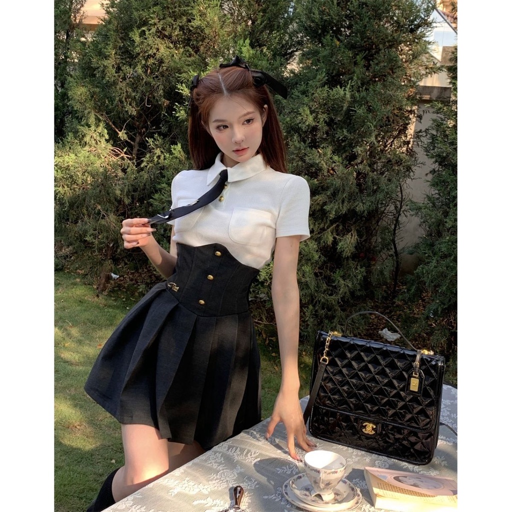 Set Áo Thun Ngắn Tay + Chân Váy Chữ a Lưng Cao Màu Đen Thời Trang Xuân 2023 Cho Nữ103250