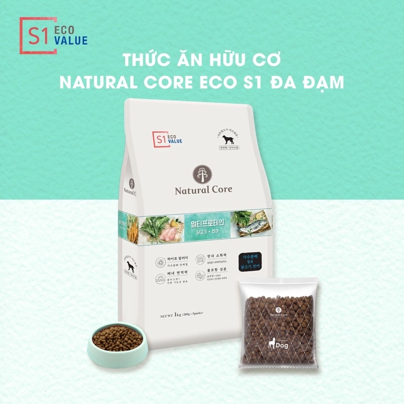 Thức ăn hạt hữu cơ Đa Đạm cho Chó Natural Core S1/S2/S3 túi 1Kg