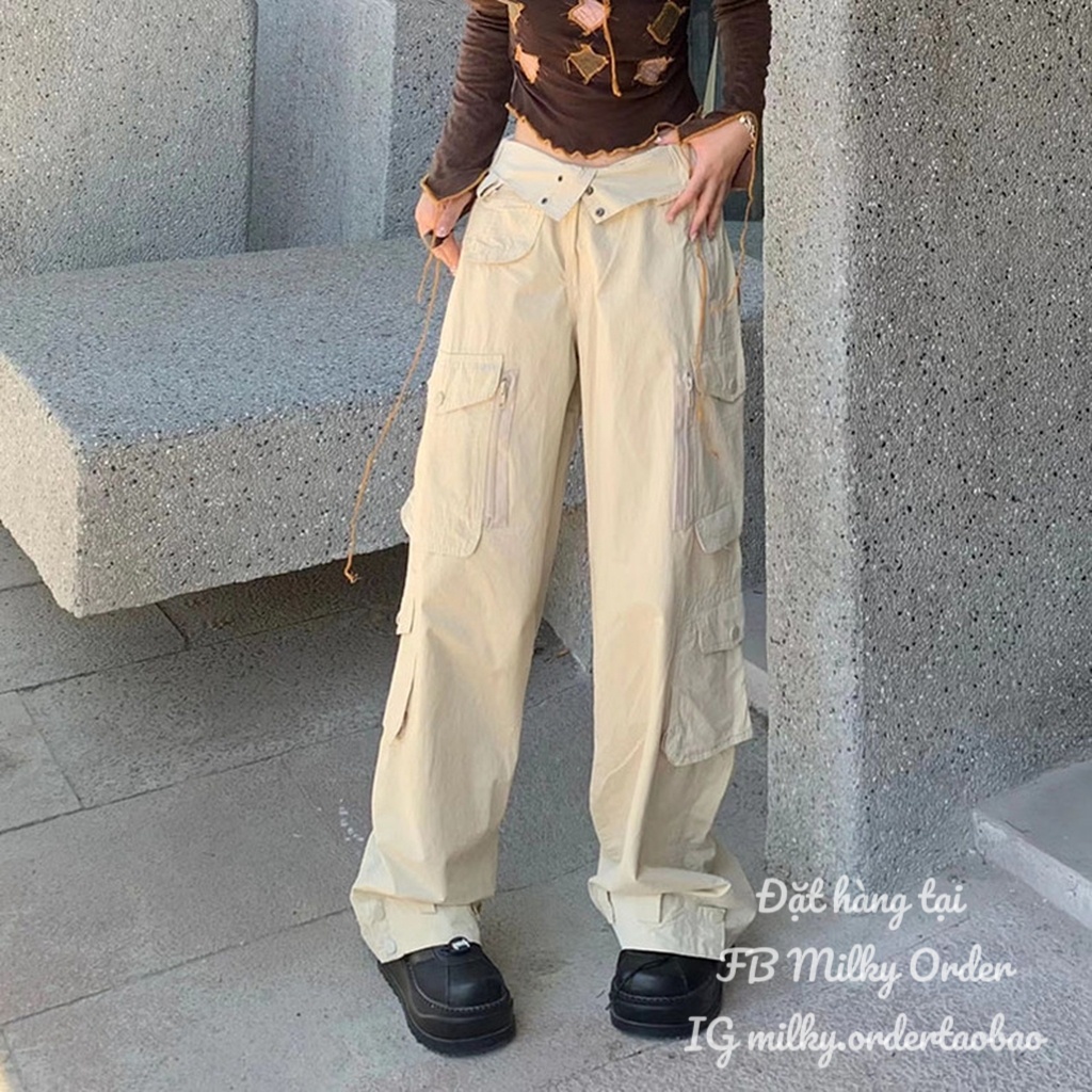 Milky Order Quần thụng ống suông rộng phối túi hộp màu nâu tây be nhạt street style hot trend Hàn Quốc taobao ulzzang
