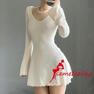 Đầm Dáng Chữ A Tay Dài Cổ Chữ V Màu Trơn Thời Trang Mùa Hè Cho Nữ