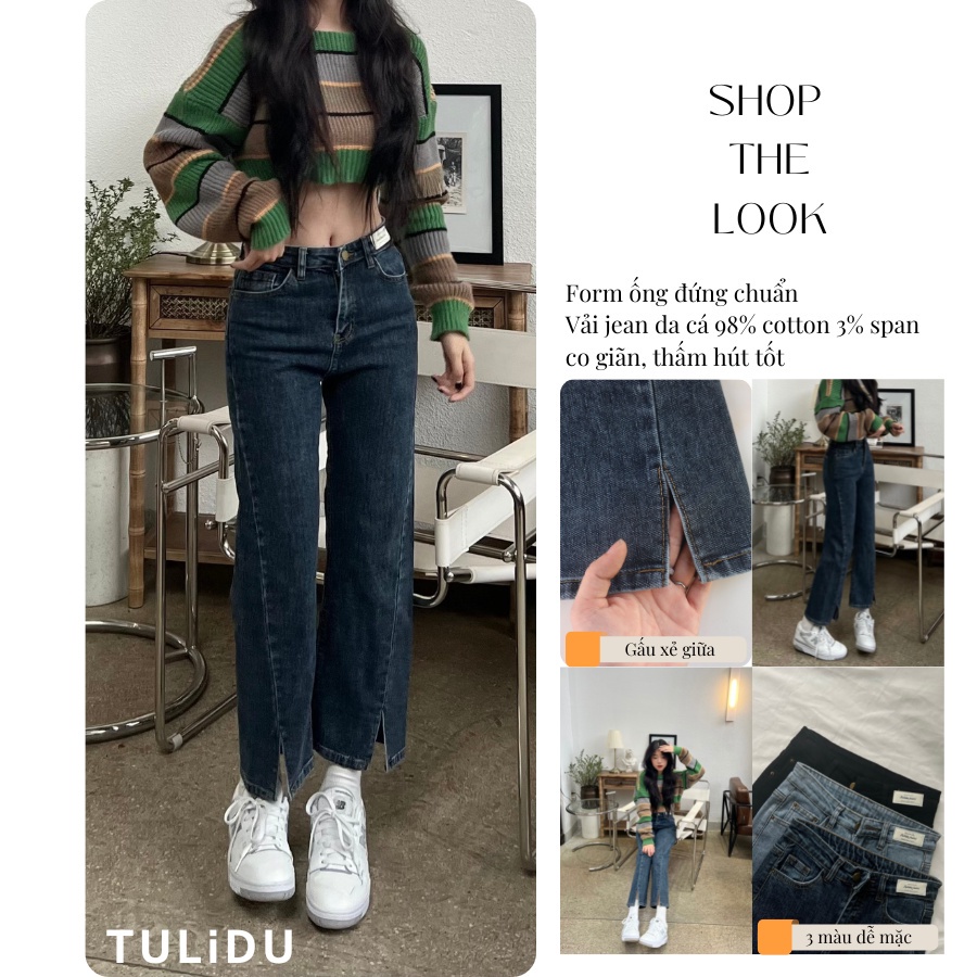 Quần Jean Ống Đứng Xẻ Gấu Giữa Thời Trang Chất Cotton Co Giãn Mềm Mịn