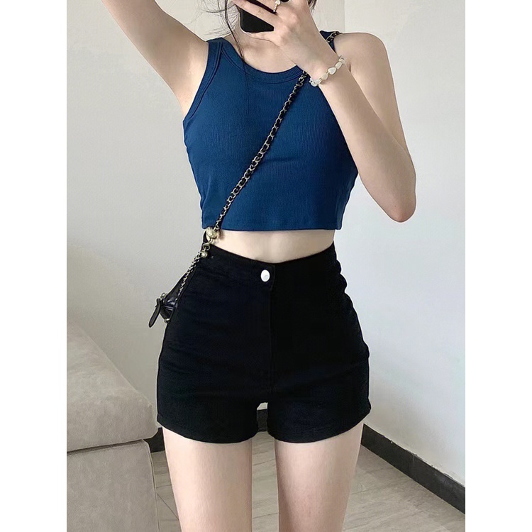 Quần Short Denim Lưng Cao Màu Đen Thời Trang Mùa Hè Cho Nữ