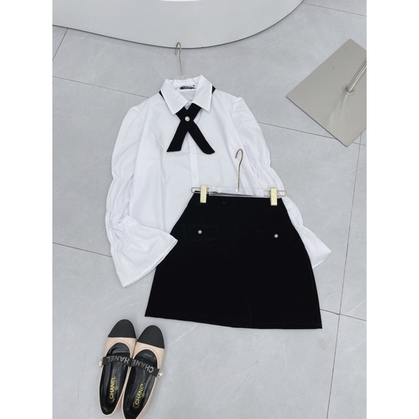 [ 𝐅𝐑𝐄𝐄 𝐒𝐇𝐈𝐏 ] Sét sơmi thiết kế nhún tay  Áo chất thô sơmi lên form điệu, cổ có dây chéo nơ chất nhung, có thể tháo rời