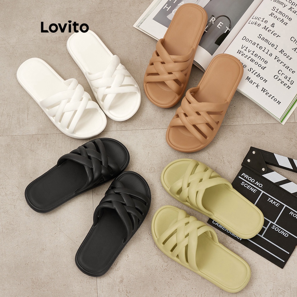 Lovito Casual Trơn Thời trang Hàn Quốc Cầu trượt mềm mại mùa hè Cầu trượt trong nhà và ngoài trời Phòng tắm Vòi hoa sen Dép hở ngón bện cho nữ LIS02008 (Kaki/Trắng/Xanh lá cây/Đen)