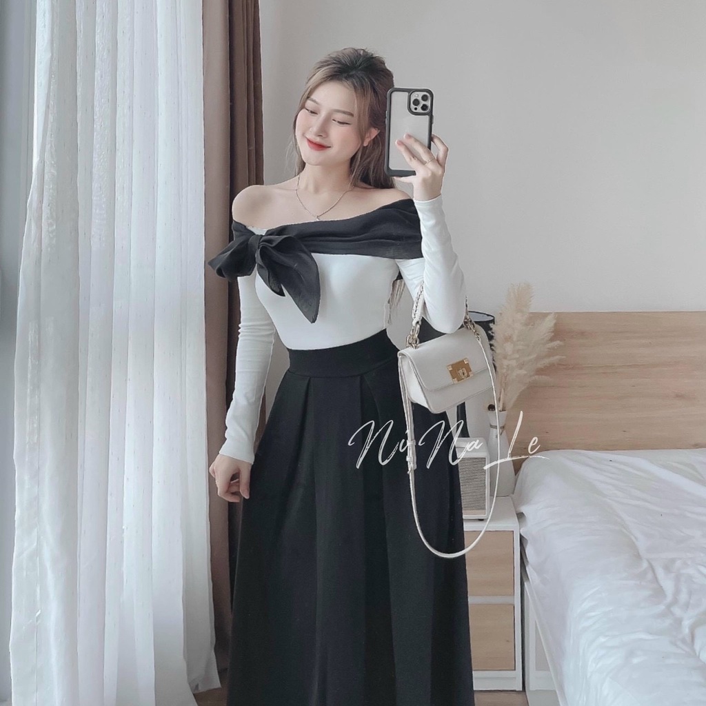 Sét váy nữ thời trang mặc đi chơi áo chất cotton trễ vai phối voan nơ tay dài mix chân váy xoè tapta cao cấp