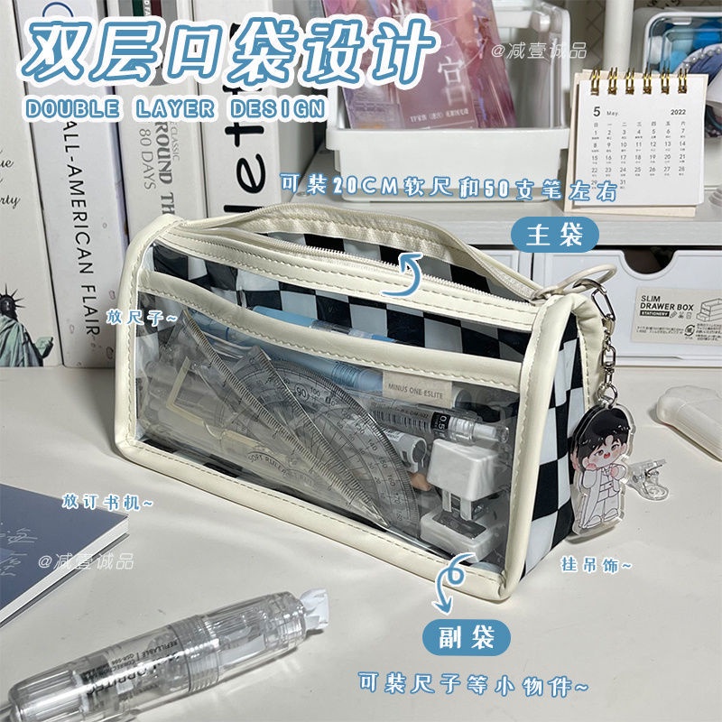 Túi Đựng Bút Chì Kẻ Ô Màu Trắng Đen Dung Tích Lớn Phong Cách Nhật Bản