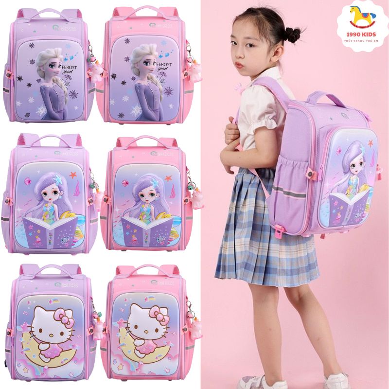 Balo chống gù, cặp sách trẻ em cho bé gái đi học tiểu học lớp 1 2 3 họa tiết 3D Kitty Công chúa Elsa 1990 Kids