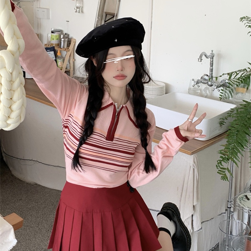 IELGY  Áo sweater Dệt Kim Cổ polo Kẻ Sọc Màu Sắc Tương Phản Ngọt Ngào Cho Nữ