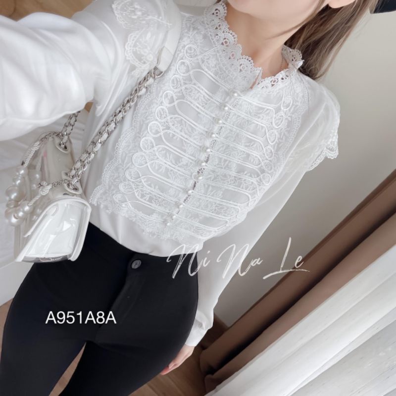 Áo sơ mi nữ ,áo voan kiểu sơ mi cổ trụ phối ren tay dài sang chảnh BA951