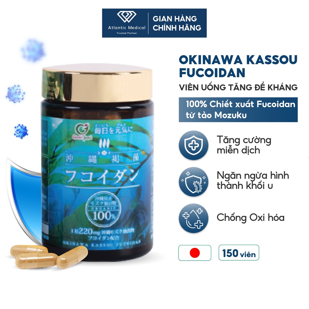 Viên Uống Tăng Đề Kháng Okinawa Kassou Fucoidan GENKI FAMI Giúp Ngăn Ngừa Oxi Hóa, Bảo Vệ Sức Khỏe Hộp 1 Lọ 150 Viên
