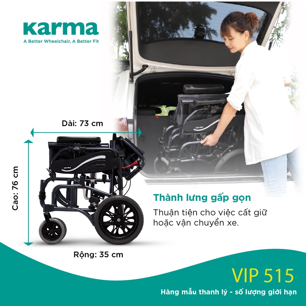 [Chính Hãng KARMA] Xe Lăn VIP 515 Hỗ Trợ Giảm Áp Tối Ưu Ngồi Thoải Mái Tuyệt Đối