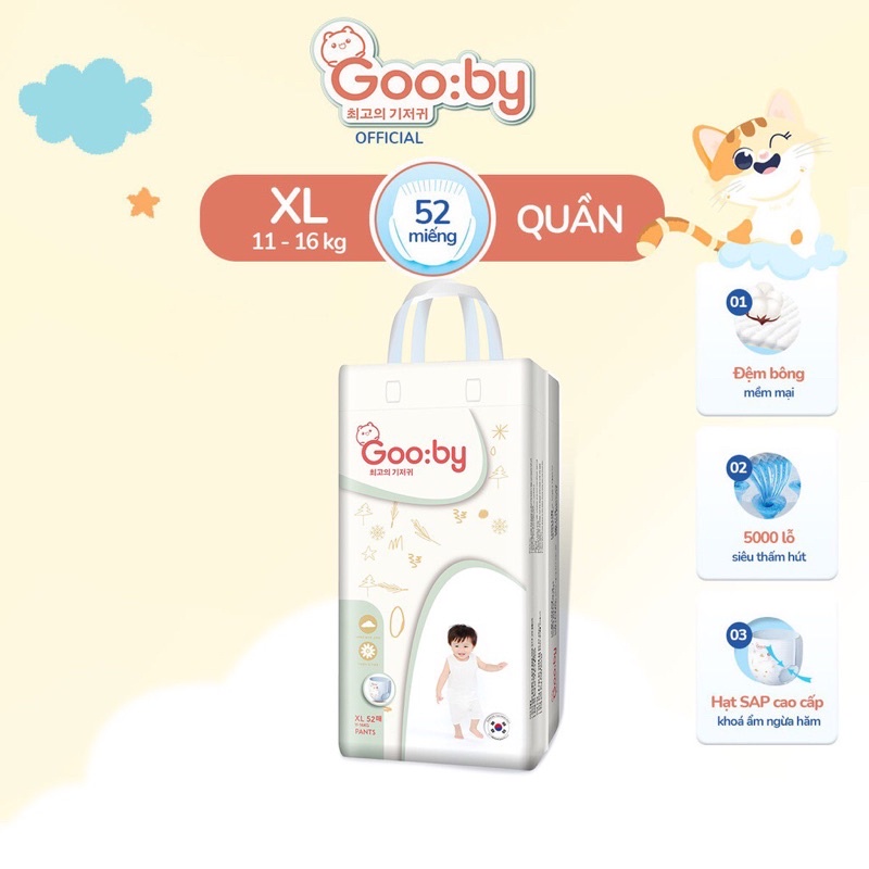 Tã/bỉm quần Gooby mềm mại, an toàn, siêu thấm hút size M/L/XL/XXL/XXXL cho bé từ 6kg - 35kg