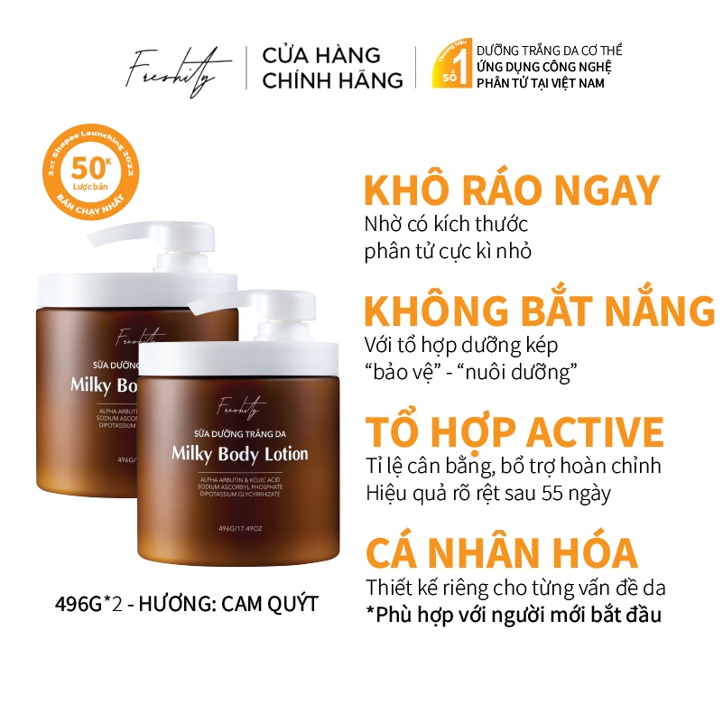 Combo 2 sữa dưỡng trắng da milky body lotion Freshity chứa 4% alpha arbutin dưỡng trắng mướt da cơ thể thơm mùi cam | BigBuy360 - bigbuy360.vn