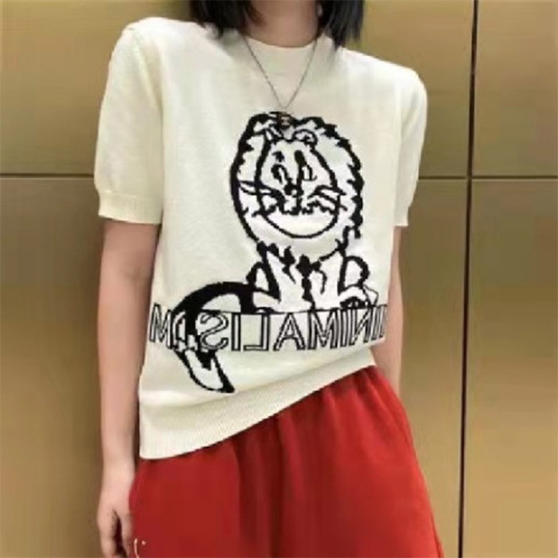 Áo Sweater Dệt Kim Tay Ngắn Cổ Tròn Dáng Rộng In Hoạt Hình Thời Trang Mùa Hè 2023 Cho Nữ