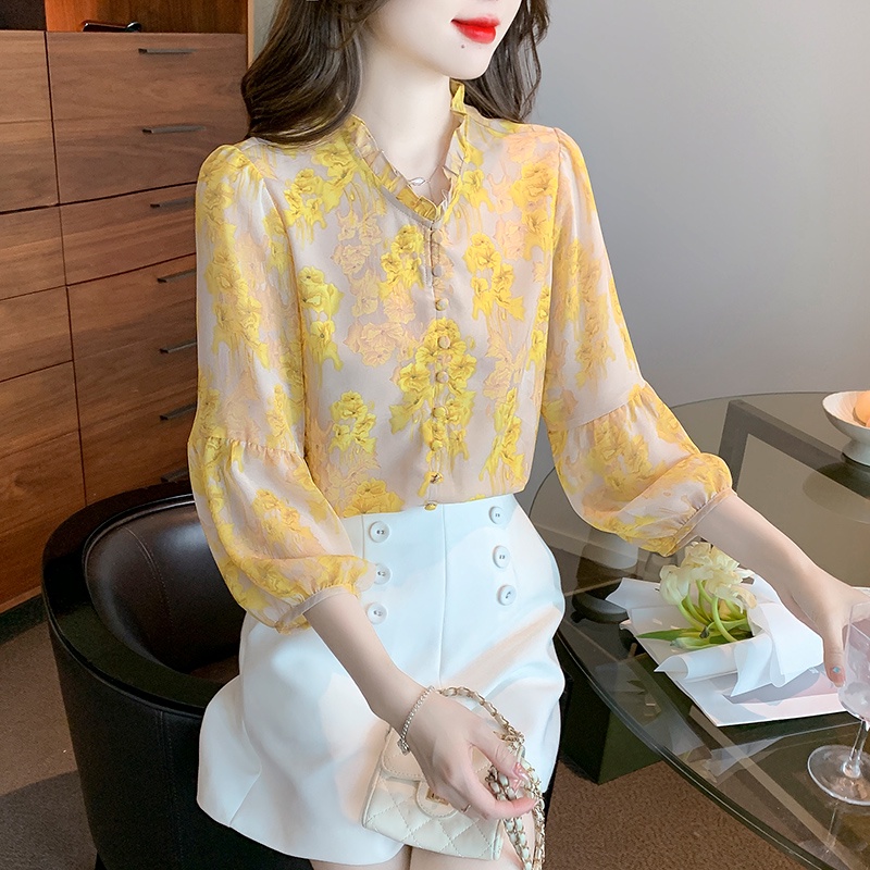 Áo Sơ Mi Chiffon Tay Phồng Họa Tiết Hoa Thời Trang Mùa Xuân 2023 Cho Nữ