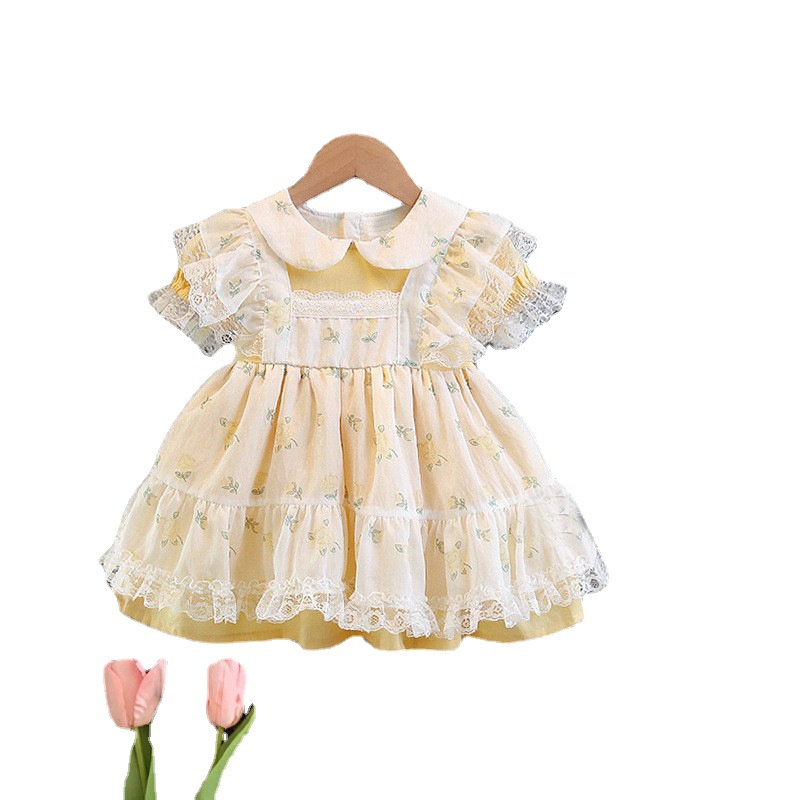 Đầm Công Chúa Vải Gạc Phối Ren Phồng Phong Cách Lolita Phương Tây Thời Trang Mùa Hè Dành Cho Bé Gái