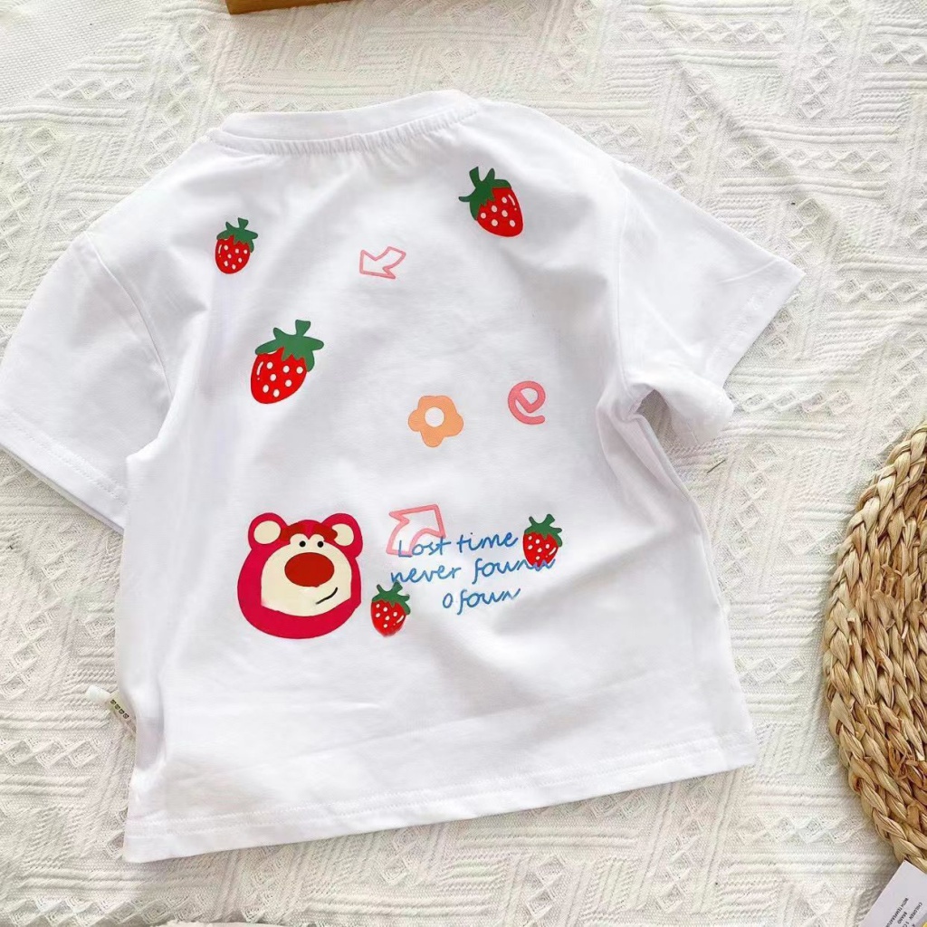 Áo Thun Cotton Tay Ngắn In Hình Gấu Hoạt Hình Màu Hồng Thời Trang Mùa Hè 2022 Dành Cho Bé Gái