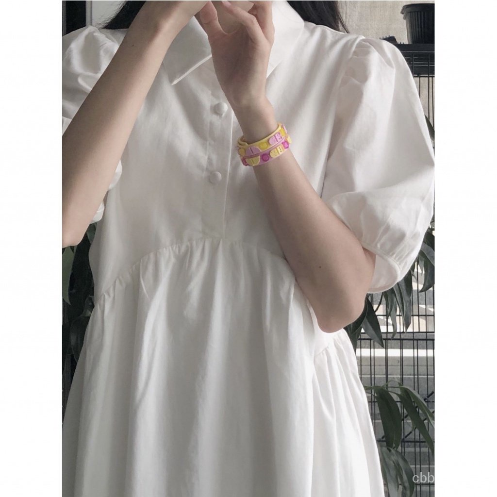 Váy Mối Tình Đầu cổ điển váy liền thân tôn dáng gầy váy trắng cổ mùa xuân dáng người nhỏ màu trắng rộng rãi polo Nữ