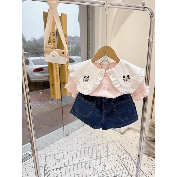 Set sơ mi cổ bèo họa tiết quần đùi jean cho bé gái dễ thương đủ size từ 8- 20kg
