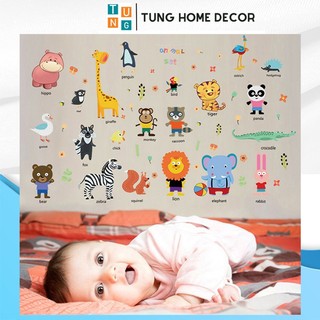 Decal con vật Vườn Thú Tiếng Anh Animal cho bé học HM92025- Hình dán động vật dán tường cho bé