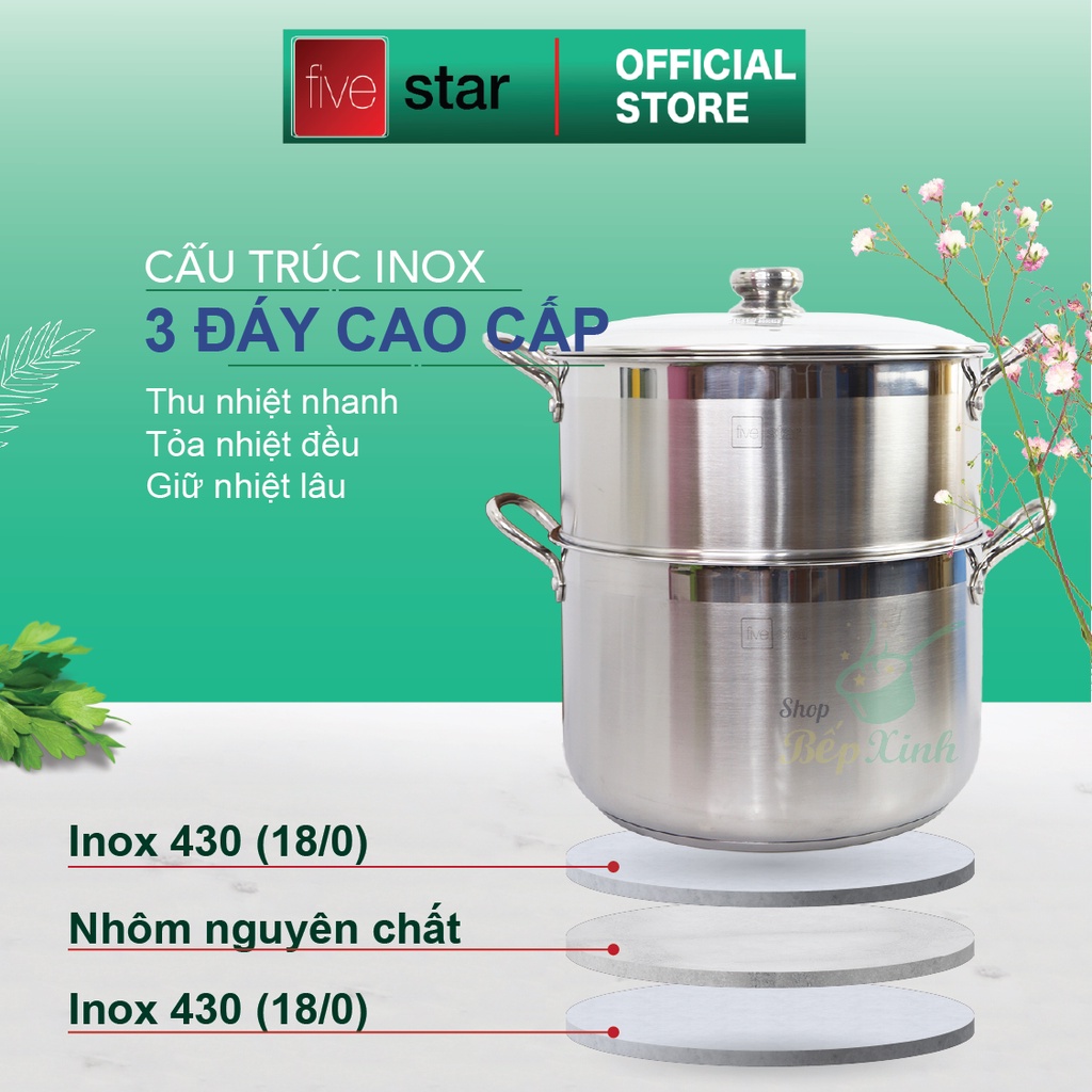 Bộ nồi xửng hấp FiveStar Standard 3 đáy inox 430 nắp kính tặng 2 vá canh ( 30cm) , dùng được bếp từ , hồng ngoại , gas