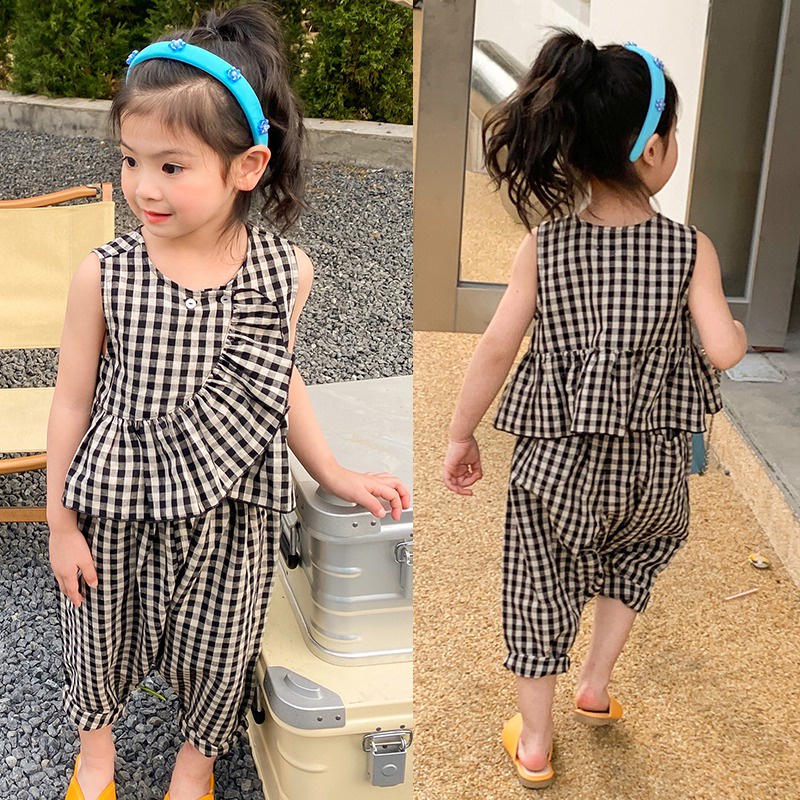 Set Áo Sát Nách + Quần Kẻ Sọc Caro Trẻ Trung Thời Trang Phong Cách Hàn Quốc Cho Bé