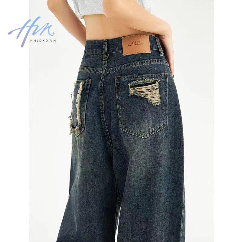 Quần Jean Lưng Cao Ống Rộng Màu Xanh Dương Phong Cách Retro Thời Trang Thu Đông Mới Cho Nữ