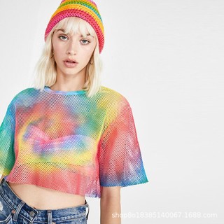 Áo Lưới Croptop Ngắn Tay Màu Loang Form Rộng Dễ Thương Cá Tính Thời Trang