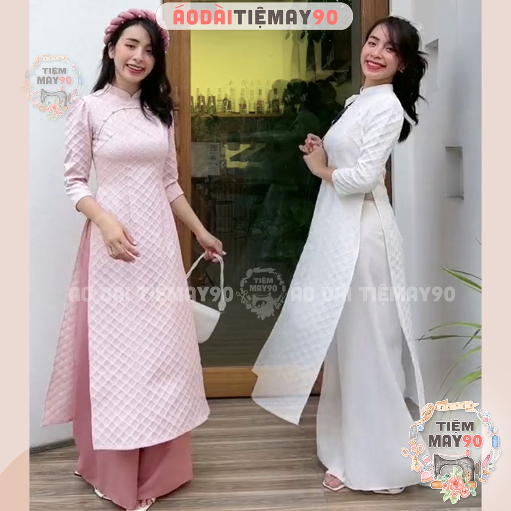 Áo dài cách tân nữ Trần Vân may sẵn tay vai bồng gấm xốp dệt caro đính ngọc dự tiệc lễ tết đẹp ADN040