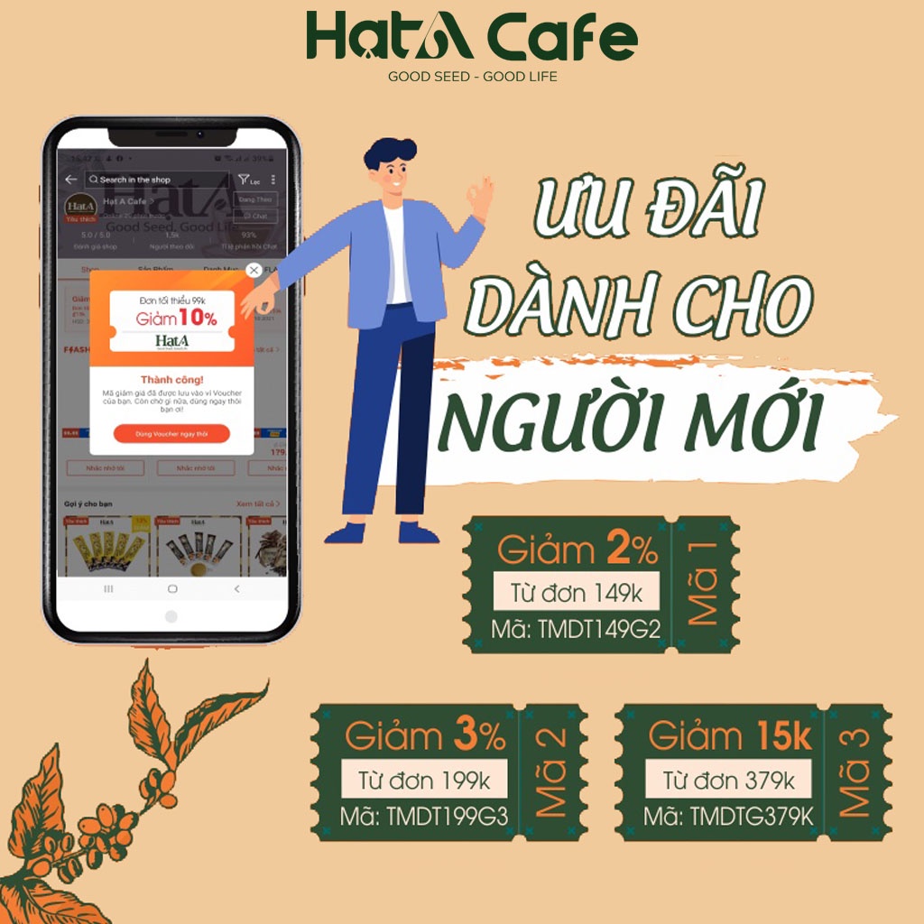 Cà phê hòa tan Cappuccino Hạt A Cafe 4in1 vị sữa dừa tự nhiên 216gr/12 gói