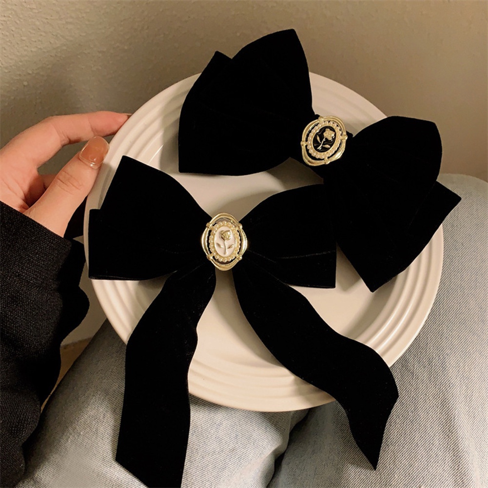 Kẹp Tóc Nơ Vải Nhung Đen Đính Ngọc Trai Phong Cách Vintage
