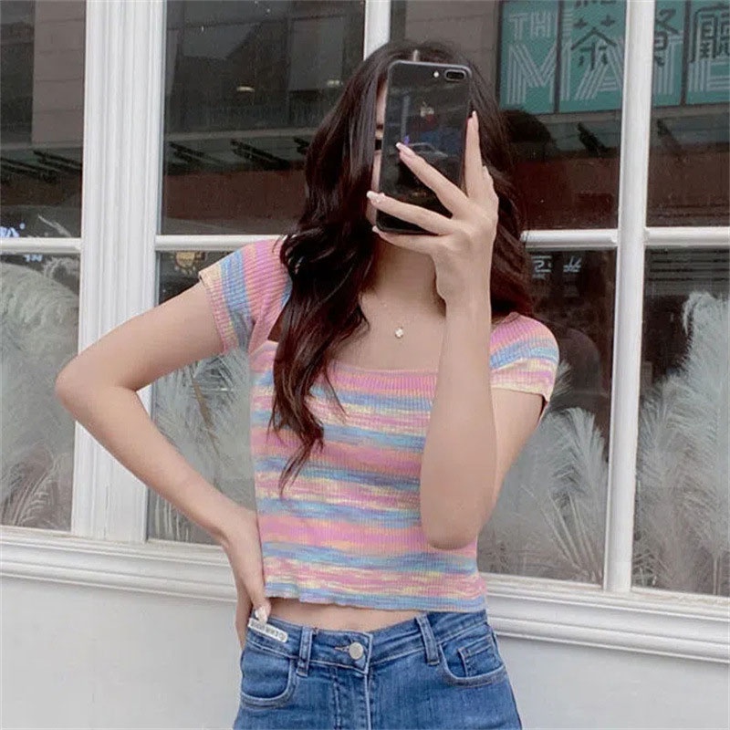 Aphrod Áo Dệt Kim Lụa Lạnh Kẻ Sọc Cầu Vồng Eo Cao Phong Cách Hàn Quốc Ngọt Ngào Cho Nữ