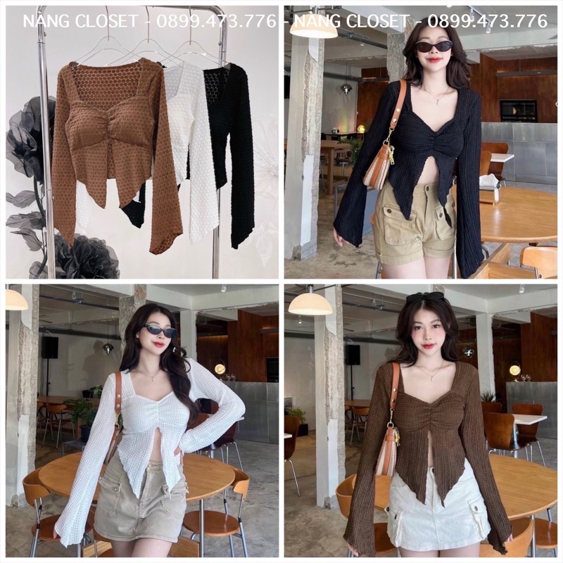 Áo len ren cúp ngực xẻ tà vạt nhọn tay loe màu trắng/đen/nâu NÀNG CLOSET