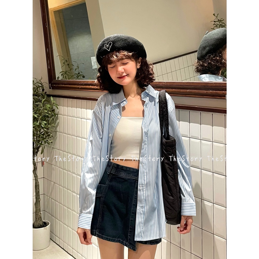 Áo sơ mi sọc xanh có thêu hình  A2813