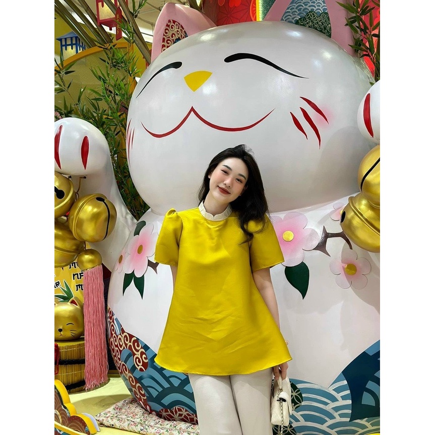 Sét Tiểu Thư Nữ Phong Cách HÀN QUỐC, Áo Nữ Cổ Tròn Tay Phồng Phối Quần Suông Trắng Thiết Kế Phối Màu Siêu Sang