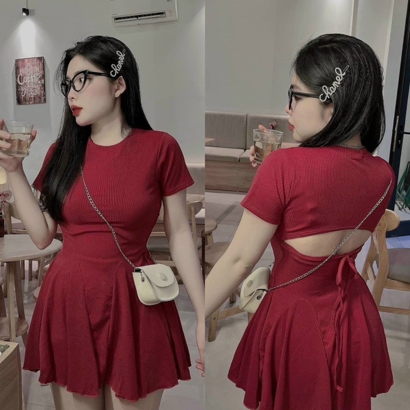 Đầm Đắp Cắt Vạt Dáng Xoè Tay Ngắn Khoét Lưng Thắt Dây