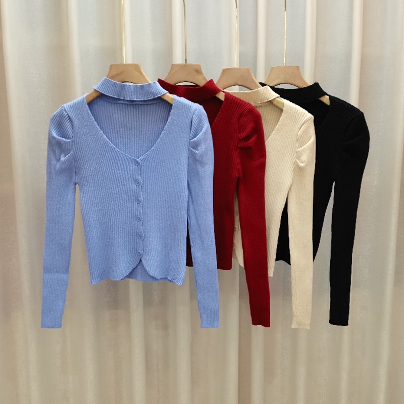 Áo sweater Tay Phồng Cổ Chữ V Dáng Ôm Xinh Xắn Thời Trang Cho Nữ