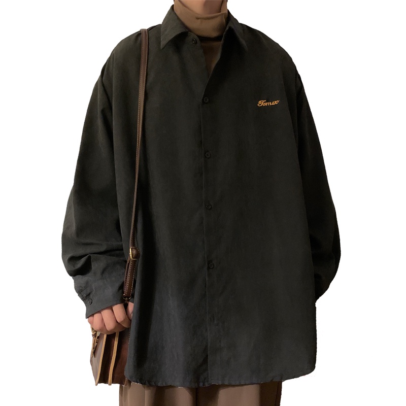 Áo Sơ Mi Burgundy Nam Dài Tay Áo Sơ Mi Rời Phong Cách Retro Mỹ Áo Khoác