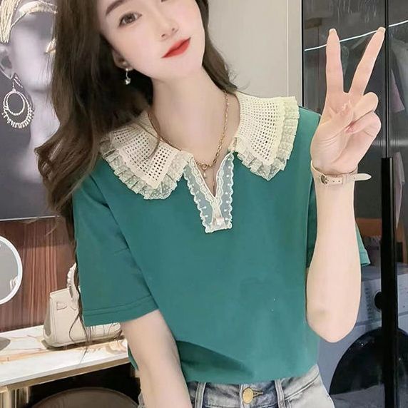 Áo Thun Tay Ngắn Cổ Búp Bê Phối Ren Phong Cách Hàn Quốc Thời Trang Cho Nữ