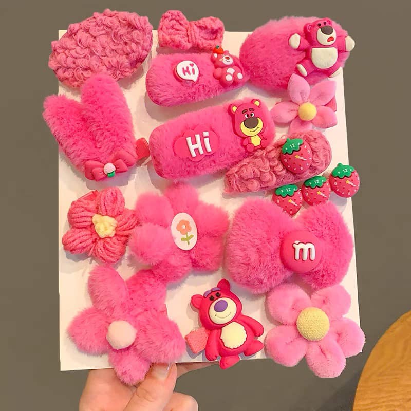 Set kẹp tóc 8 món gấu dâu hồng lotso xinh xắn dễ thương cho bé gái