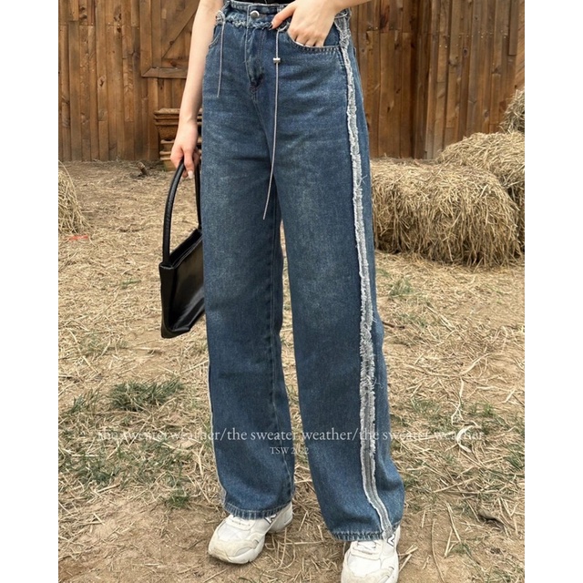 Quần jeans suông tua viền kèm dây xích 6867 the.sweaterweather TSW (ảnh thật)