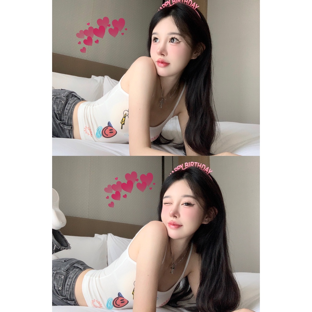 Áo Tank Top Sát Nách Dáng Ôm In Hình Mặt Cười Màu Trắng Thời Trang Quyến Rũ Cho