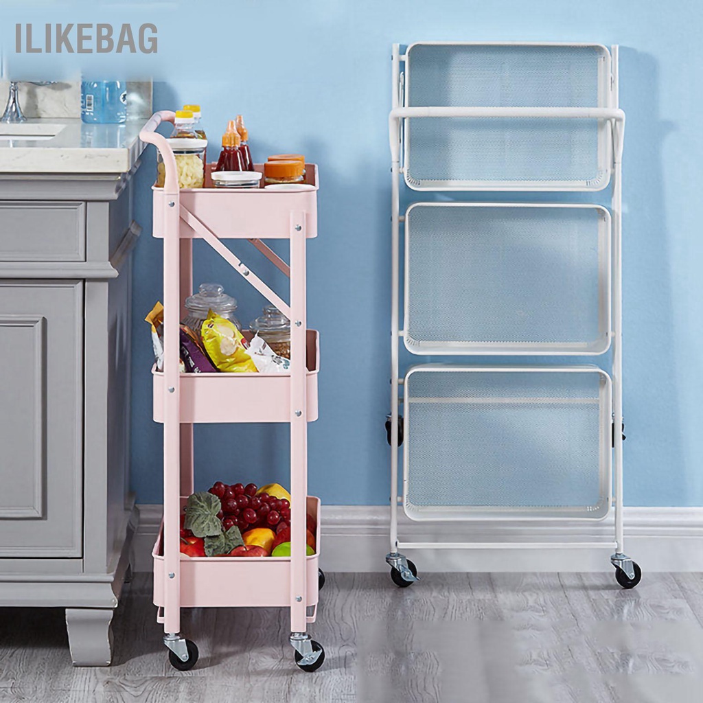 Ilikebag Giỏ Đựng Đồ Bằng Thép Carbon 3 Tầng Có Thể Tháo Rời Gập Lại Lăn Xe Sắp Xếp Lưu Trữ Cho Nhà Bếp Phòng Ngủ