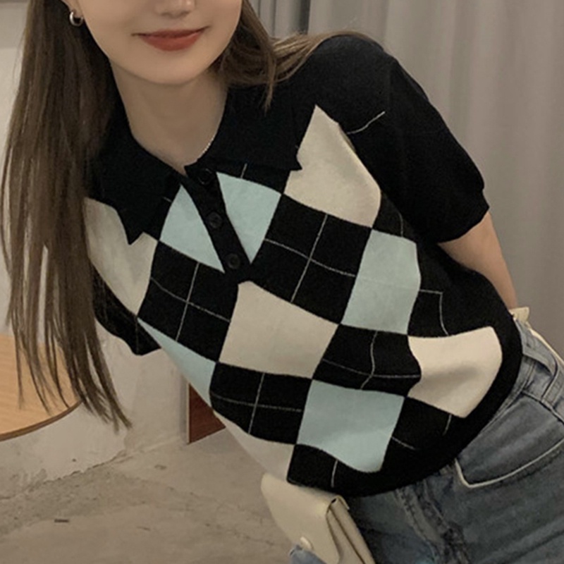 IELGY Áo Dệt Kim Ngắn Tay Họa Tiết Hình Thoi Thời Trang Cho Nữ