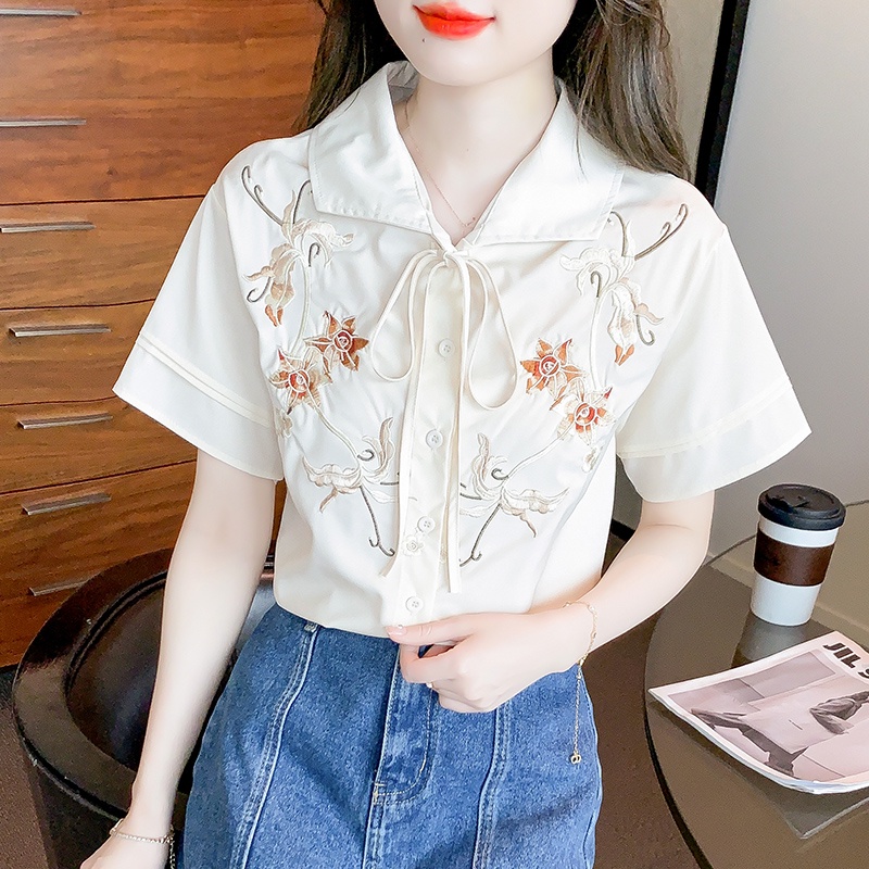 Áo Sơ Mi Chiffon Tay Ngắn Ống Loe Cổ Búp Bê Thời Trang Mùa Hè Phong Cách Mới