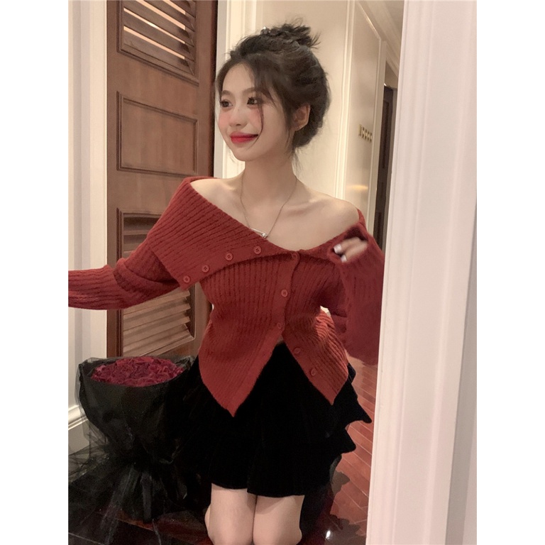 Áo Dệt Kim Trễ Vai Tay Dài Dáng Ôm Thời Trang Mùa Thu Quyến Rũ Cho Nữ