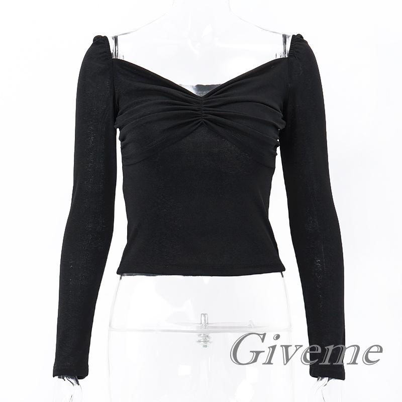 Áo Thun Nữ Dài Tay Cổ Chữ V Xếp Ly Thời Trang